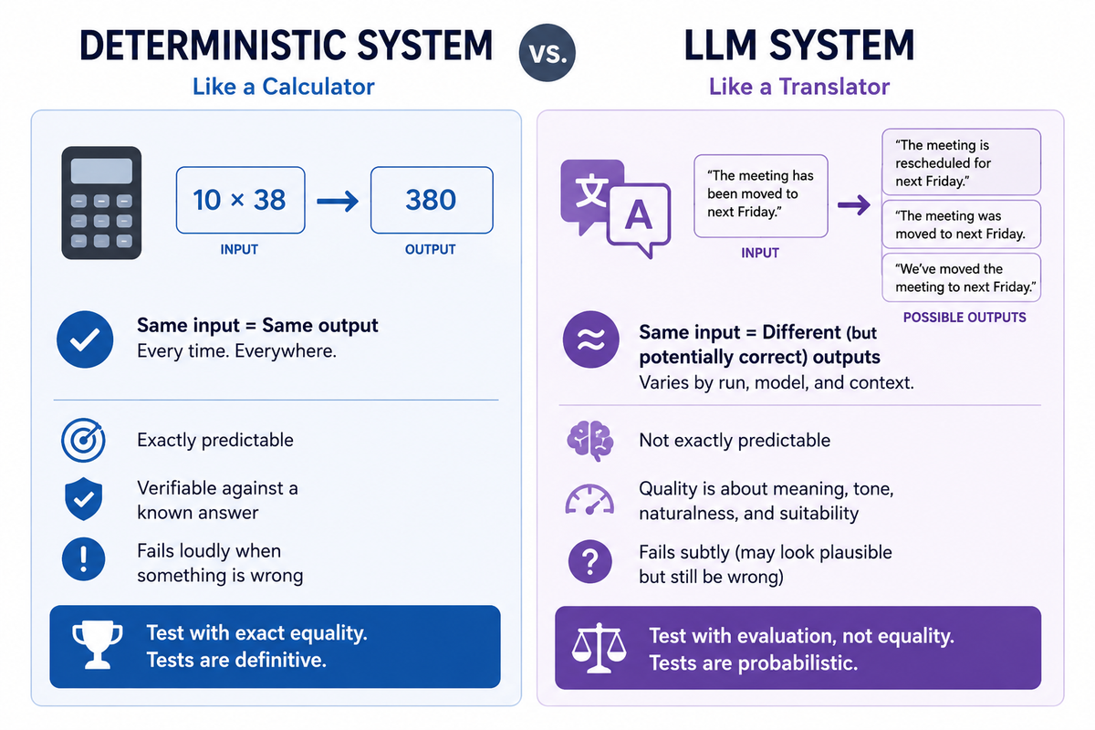 Why does your test suite lie to you when the system contains an LLM